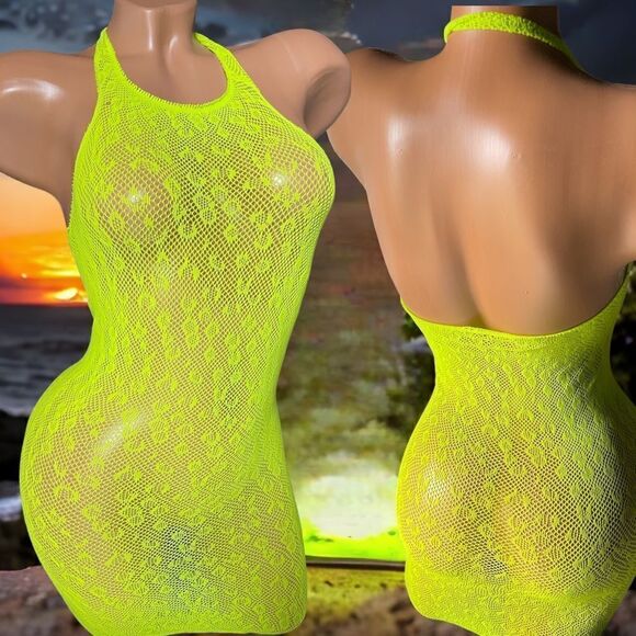 2-piece l Neon Green l OS l Mesh Halter & Pearly Sarong/Wrap l New - Picture 3 of 11